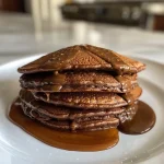 ['Close-up view of gluten-free chocolate protein pancakes stacked with a dollop of Greek yogurt on top.', 'Mouthwatering chocolate protein pancakes layered with creamy yogurt, showcasing their fluffy texture.', 'Side view of decadent chocolate pancakes, drizzled with maple syrup and topped with yogurt.', 'Delicious stack of gluten-free chocolate pancakes garnished with yogurt, highlighting their rich cocoa color.']