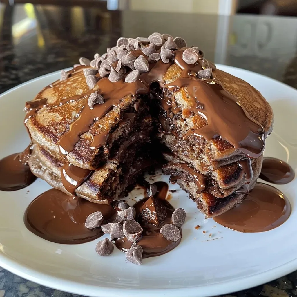['Close-up view of gluten-free chocolate protein pancakes stacked with a dollop of Greek yogurt on top.', 'Mouthwatering chocolate protein pancakes layered with creamy yogurt, showcasing their fluffy texture.', 'Side view of decadent chocolate pancakes, drizzled with maple syrup and topped with yogurt.', 'Delicious stack of gluten-free chocolate pancakes garnished with yogurt, highlighting their rich cocoa color.']