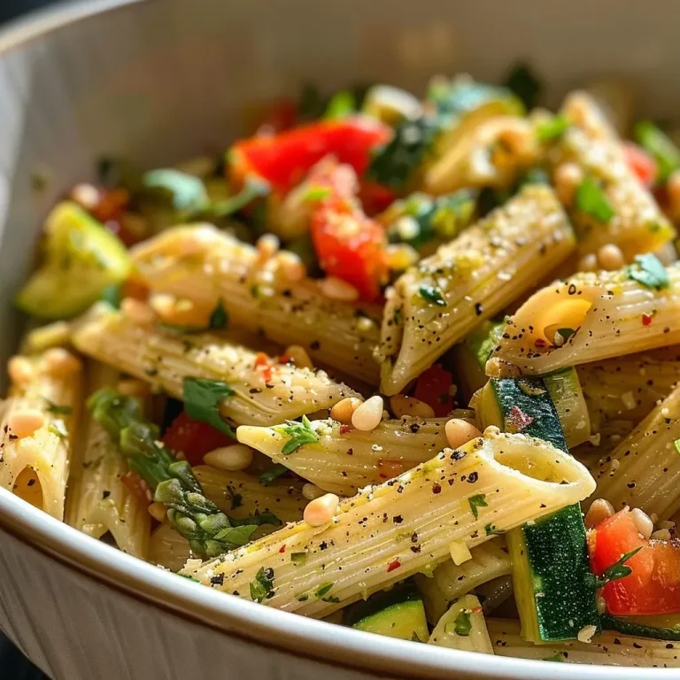 Close-up view of colorful gluten-free dairy-free pasta primavera with vegetables.