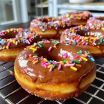 A close-up view of gluten-free donuts with a glossy chocolate glaze on a rustic wooden surface.