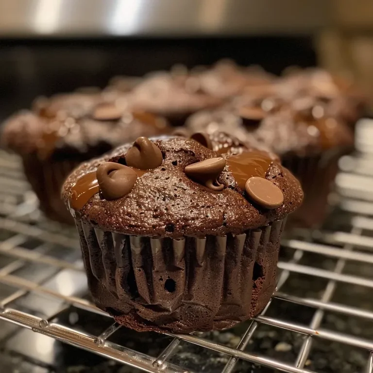 ['Close-up side view of a gluten-free double chocolate muffin with melting chocolate chips.', 'Detailed shot of a moist, dairy-free double chocolate muffin showcasing its rich texture.', 'Side view of luscious gluten-free double chocolate muffins with a glossy chocolate finish.', 'Close-up of decadent chocolate muffins filled with semi-sweet chocolate chips, gluten-free and dairy-free.']