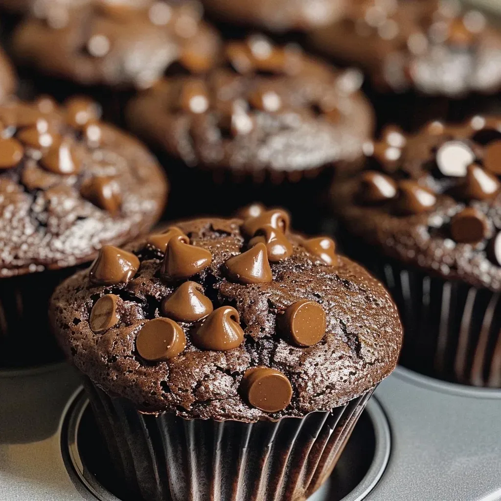 ['Close-up side view of a gluten-free double chocolate muffin with melting chocolate chips.', 'Detailed shot of a moist, dairy-free double chocolate muffin showcasing its rich texture.', 'Side view of luscious gluten-free double chocolate muffins with a glossy chocolate finish.', 'Close-up of decadent chocolate muffins filled with semi-sweet chocolate chips, gluten-free and dairy-free.']