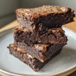 A side view of gluten-free oat flour brownies with a glossy finish and chocolate chips on top.