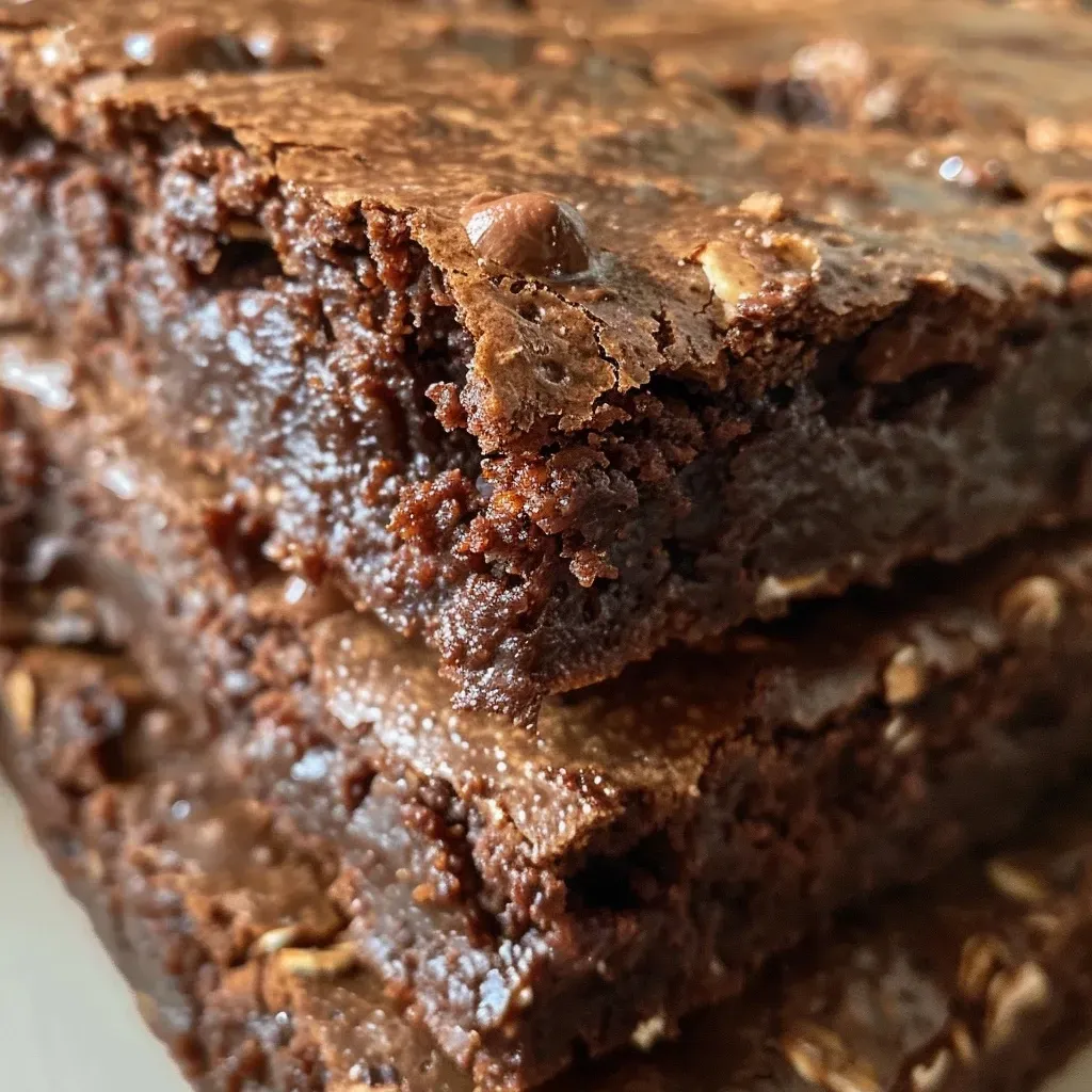Side view of rich, fudgy brownies made with oat flour and chocolate.