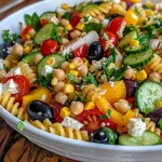 Close-up of a vibrant gluten-free pasta salad with colorful vegetables and cheese.