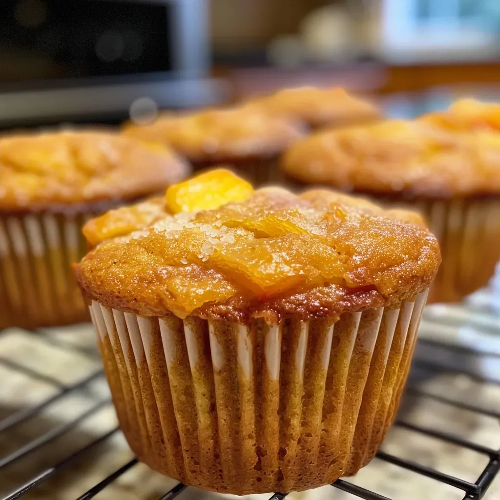 ['A close-up side view of fluffy gluten-free peach muffins, showcasing their golden tops and peach chunks.', 'An appetizing side view of gluten-free peach muffins, highlighting their juicy texture and fluffy appearance.', 'A detailed side shot of freshly baked gluten-free peach muffins with visible peach pieces and a soft, airy texture.', 'A mouthwatering side angle of gluten-free peach muffins, revealing their soft crumb and rich peach flavor.']