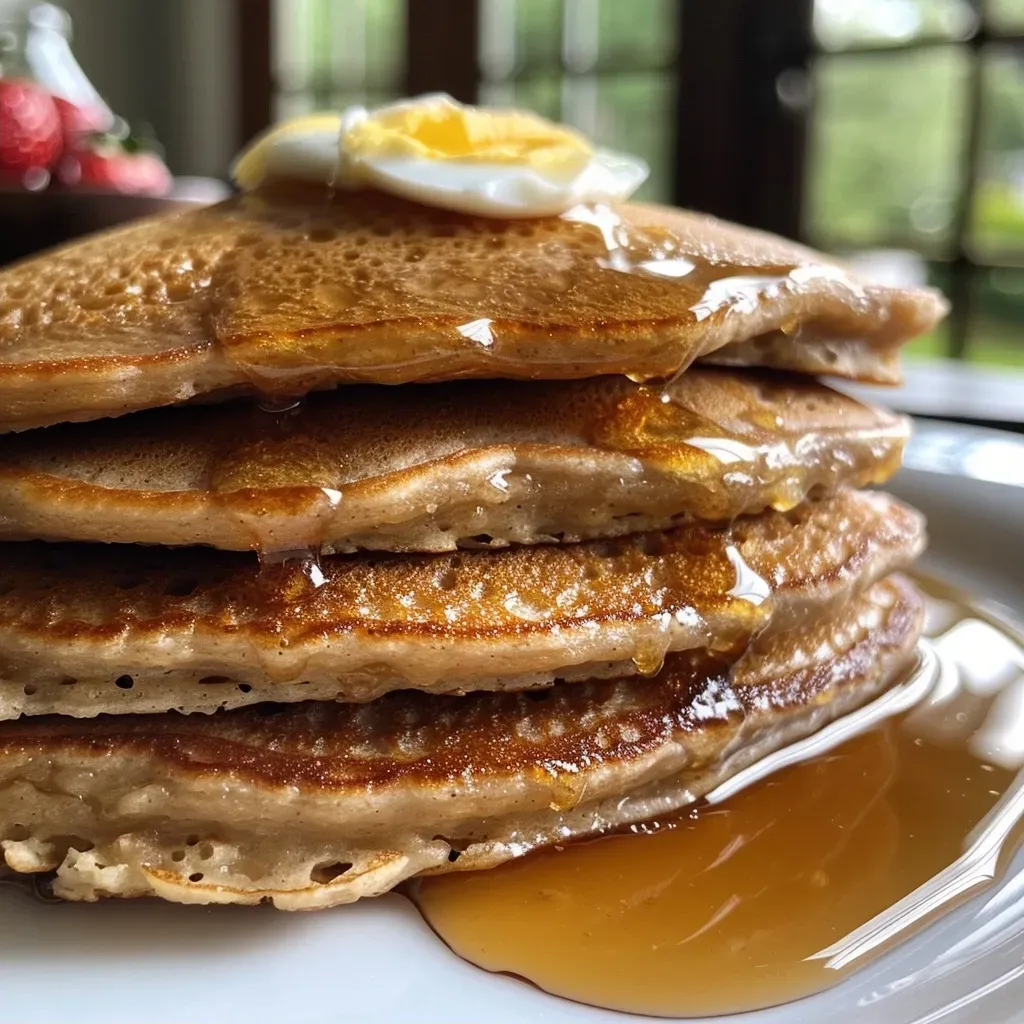 ['Close-up view of golden-brown gluten-free protein pancakes stacked on a white plate.', 'Delicious gluten-free protein pancakes drizzled with maple syrup and topped with fresh fruit.', 'Side view of fluffy gluten-free protein pancakes showcasing their texture and color.', 'A serving of gluten-free protein pancakes with a light glaze of syrup on a rustic wooden table.']