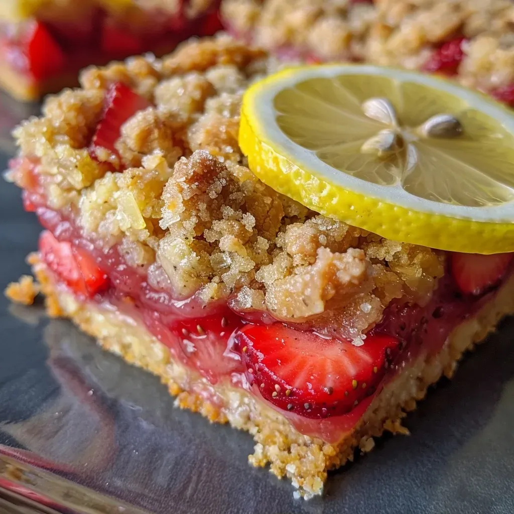 ['Close-up view of gluten-free strawberry crumble bars with juicy strawberries and a crunchy topping.', 'Side view of delicious gluten-free strawberry crumble bars, showcasing the layers of fruit and crumble.', 'Mouth-watering gluten-free strawberry crumble bars featuring fresh strawberries and a golden crumble on top.', 'Detailed shot of gluten-free strawberry crumble bars revealing strawberries and buttery crumble texture.']