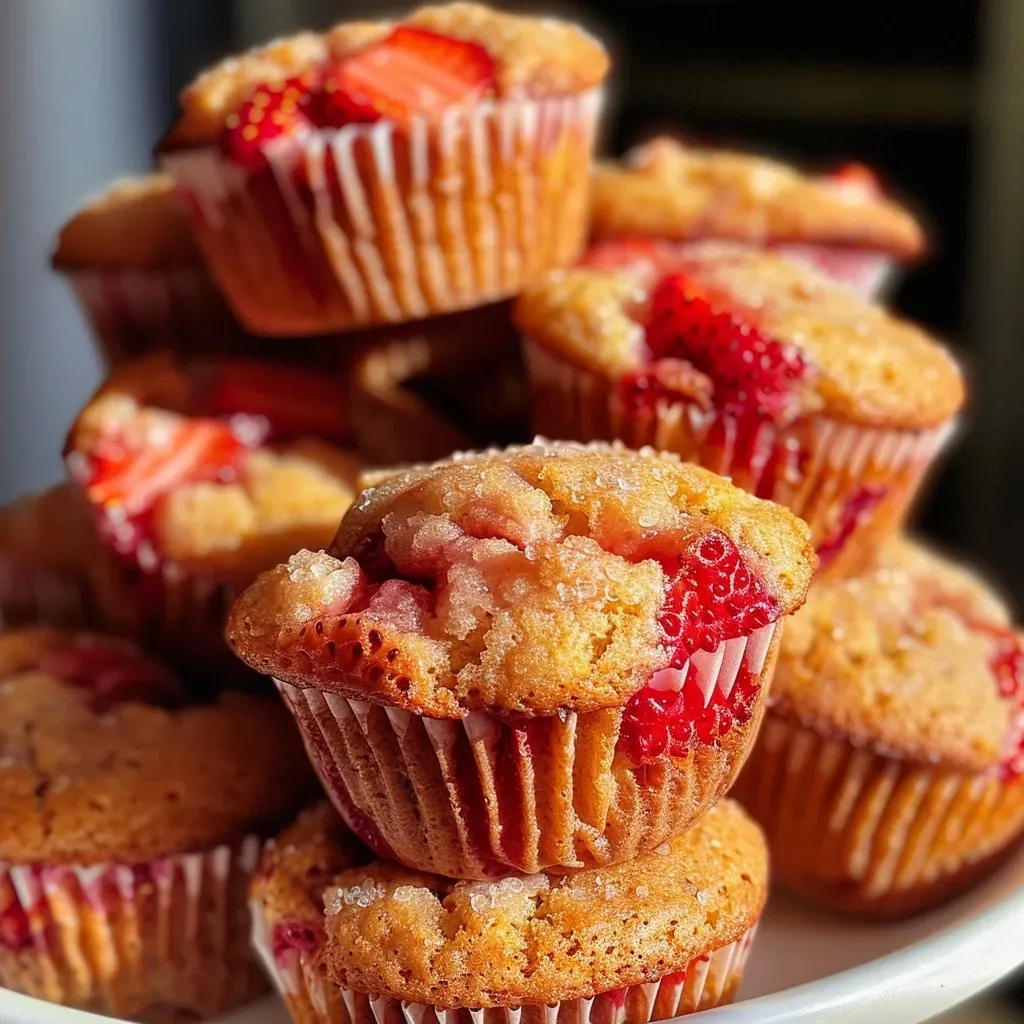 Close-up side view of gluten-free strawberry muffins showcasing their golden tops and fresh strawberries.