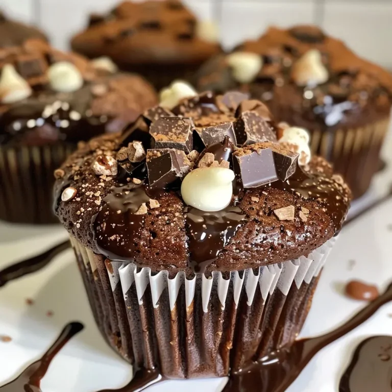 ['Close-up view of a gluten-free triple chocolate muffin showing a rich, moist interior and melted chocolate chunks.', 'Side view of a delicious gluten-free chocolate muffin, highlighting the texture and chocolate chips.', 'Juicy gluten-free triple chocolate muffin with visible chocolate layers and a golden-brown top.', 'Tempting gluten-free muffin featuring white, milk, and dark chocolate chips, taken from the side.']
