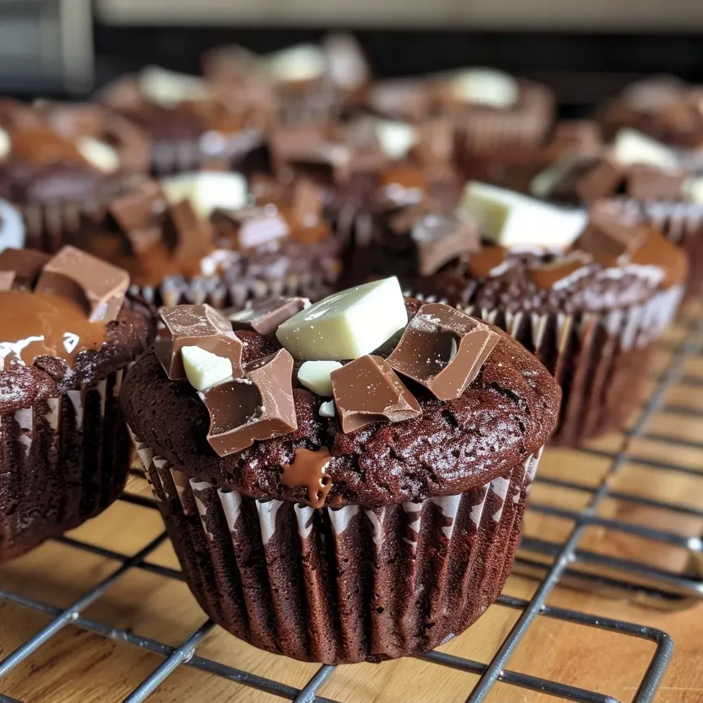 ['Close-up view of a gluten-free triple chocolate muffin showing a rich, moist interior and melted chocolate chunks.', 'Side view of a delicious gluten-free chocolate muffin, highlighting the texture and chocolate chips.', 'Juicy gluten-free triple chocolate muffin with visible chocolate layers and a golden-brown top.', 'Tempting gluten-free muffin featuring white, milk, and dark chocolate chips, taken from the side.']