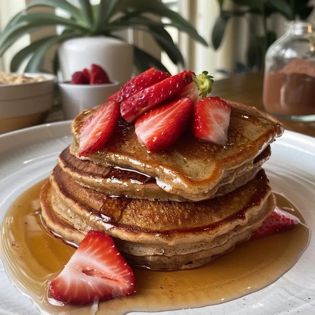 ['Close-up side view of gluten-free vegan strawberry chocolate pancakes topped with fresh strawberries.', 'Juicy gluten-free vegan pancakes layered with strawberries and drizzled with maple syrup.', 'Side view of fluffy vegan pancakes stacked with pieces of strawberries and a dusting of cocoa powder.', 'Delicious-looking gluten-free pancakes presented with sliced strawberries and a rich chocolate color.']