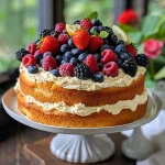 ['Close-up view of a gluten-free vegan vanilla cake adorned with fresh summer berries.', 'Side view of a layered gluten-free vegan vanilla cake topped with assorted berries.', 'A delicious gluten-free vegan cake with vibrant berries, showcasing its creamy frosting.', 'Juicy summer berries on a moist gluten-free vegan vanilla cake captured in detail.']
