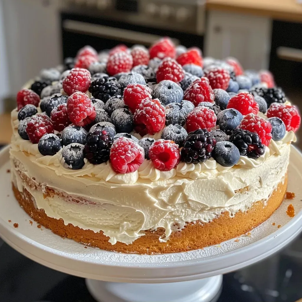 ['Close-up view of a gluten-free vegan vanilla cake adorned with fresh summer berries.', 'Side view of a layered gluten-free vegan vanilla cake topped with assorted berries.', 'A delicious gluten-free vegan cake with vibrant berries, showcasing its creamy frosting.', 'Juicy summer berries on a moist gluten-free vegan vanilla cake captured in detail.']