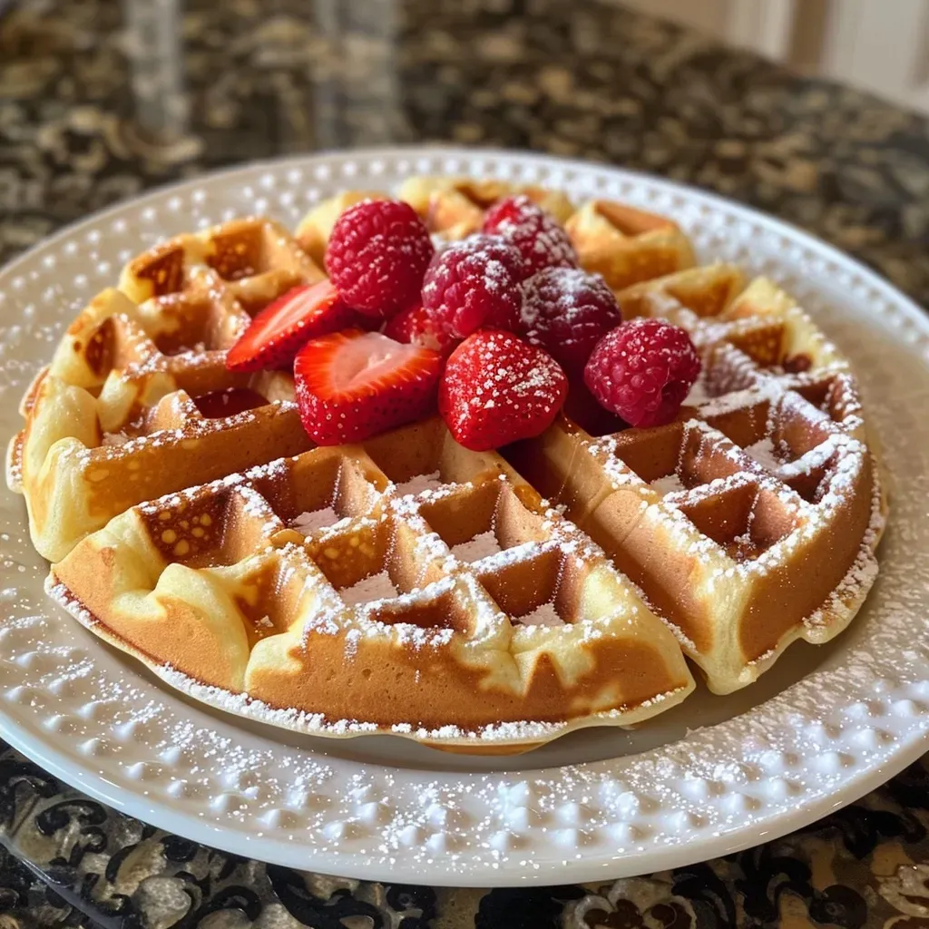 Side view of a fluffy gluten-free waffle on a plate, showcasing its crispy texture and vibrant toppings.