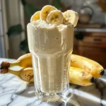 ['Close-up view of a creamy Greek yogurt banana smoothie in a glass.', 'Side view of a vibrant banana smoothie topped with a banana slice.', 'Rich, textured Greek yogurt smoothie with bananas, displayed in a clear container.', 'Smoothie made with Greek yogurt and bananas, highlighted against a neutral background.']
