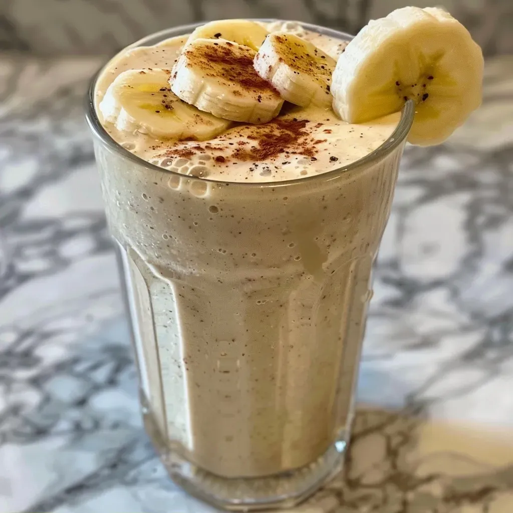 ['Close-up view of a creamy Greek yogurt banana smoothie in a glass.', 'Side view of a vibrant banana smoothie topped with a banana slice.', 'Rich, textured Greek yogurt smoothie with bananas, displayed in a clear container.', 'Smoothie made with Greek yogurt and bananas, highlighted against a neutral background.']
