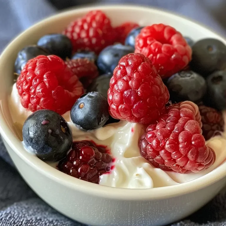 A Refreshing Bowl of Greek Yogurt and Berries for Every Day Close-up of creamy Greek yogurt topped with fresh blueberries and raspberries.