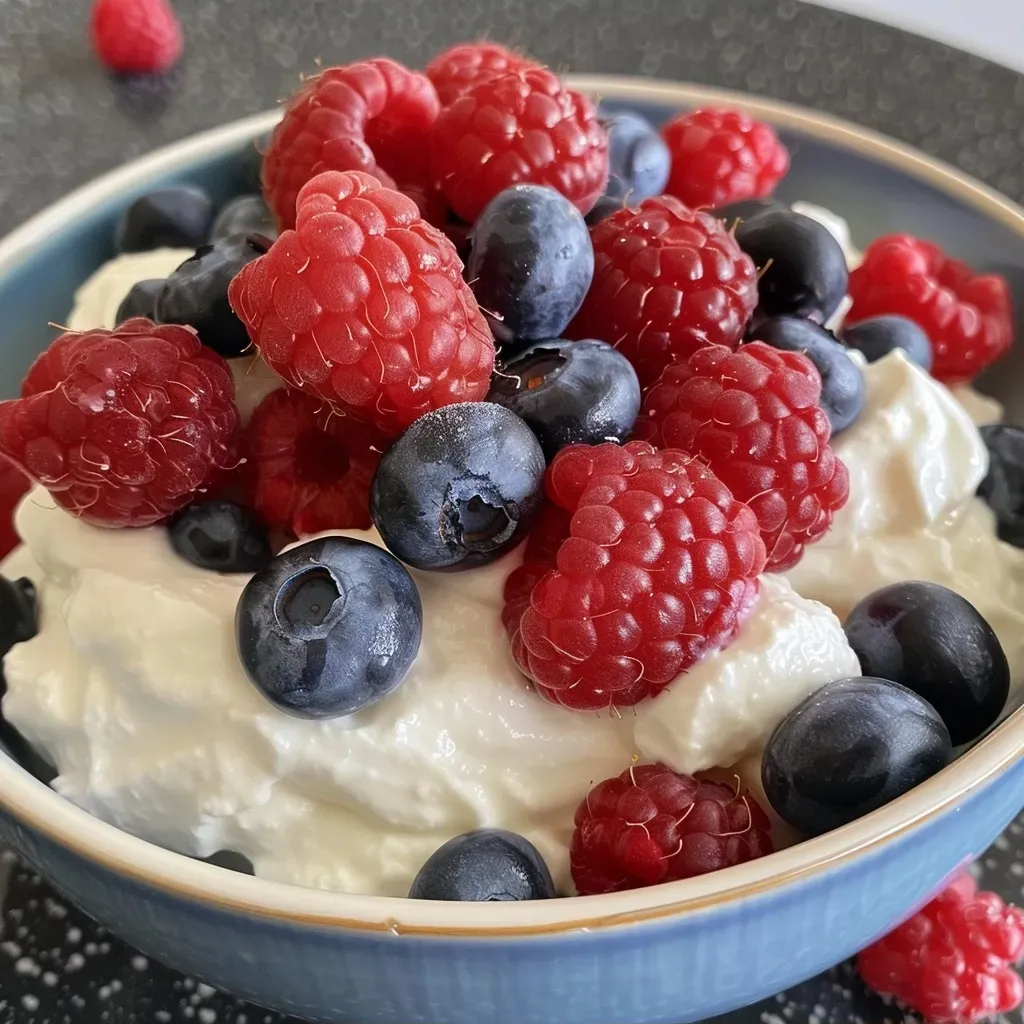 Side view of a bowl filled with Greek yogurt and vibrant berries.