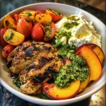 ['A close-up view of a grilled chicken pesto bowl featuring sliced peaches, heirloom tomatoes, and burrata cheese.', 'A vibrant bowl filled with grilled chicken, pistachio pesto, fresh peaches, heirloom tomatoes, and creamy burrata.', 'A delicious grilled chicken bowl with colorful toppings including peaches, tomatoes, and a dollop of burrata cheese.', 'A side perspective of a gourmet grilled chicken pesto bowl showcasing fresh ingredients and bright colors.']