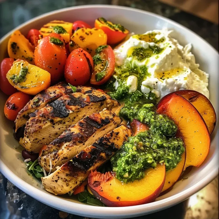 ['A close-up view of a grilled chicken pesto bowl featuring sliced peaches, heirloom tomatoes, and burrata cheese.', 'A vibrant bowl filled with grilled chicken, pistachio pesto, fresh peaches, heirloom tomatoes, and creamy burrata.', 'A delicious grilled chicken bowl with colorful toppings including peaches, tomatoes, and a dollop of burrata cheese.', 'A side perspective of a gourmet grilled chicken pesto bowl showcasing fresh ingredients and bright colors.']
