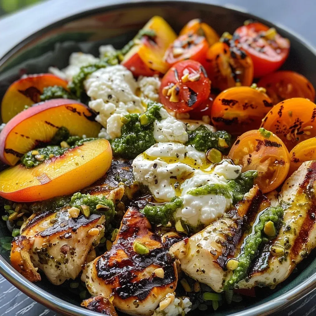 ['A close-up view of a grilled chicken pesto bowl featuring sliced peaches, heirloom tomatoes, and burrata cheese.', 'A vibrant bowl filled with grilled chicken, pistachio pesto, fresh peaches, heirloom tomatoes, and creamy burrata.', 'A delicious grilled chicken bowl with colorful toppings including peaches, tomatoes, and a dollop of burrata cheese.', 'A side perspective of a gourmet grilled chicken pesto bowl showcasing fresh ingredients and bright colors.']