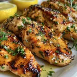 ['Close-up view of grilled honey mustard chicken garnished with parsley and lemon slices.', 'Juicy grilled chicken tenderloins coated in honey mustard sauce with rosemary and lemon.', 'Side view of succulent grilled honey mustard chicken served with fresh herbs and lemon.', 'Tasty grilled chicken highlighted by its honey mustard glaze, garnished with parsley and lemon slices.']