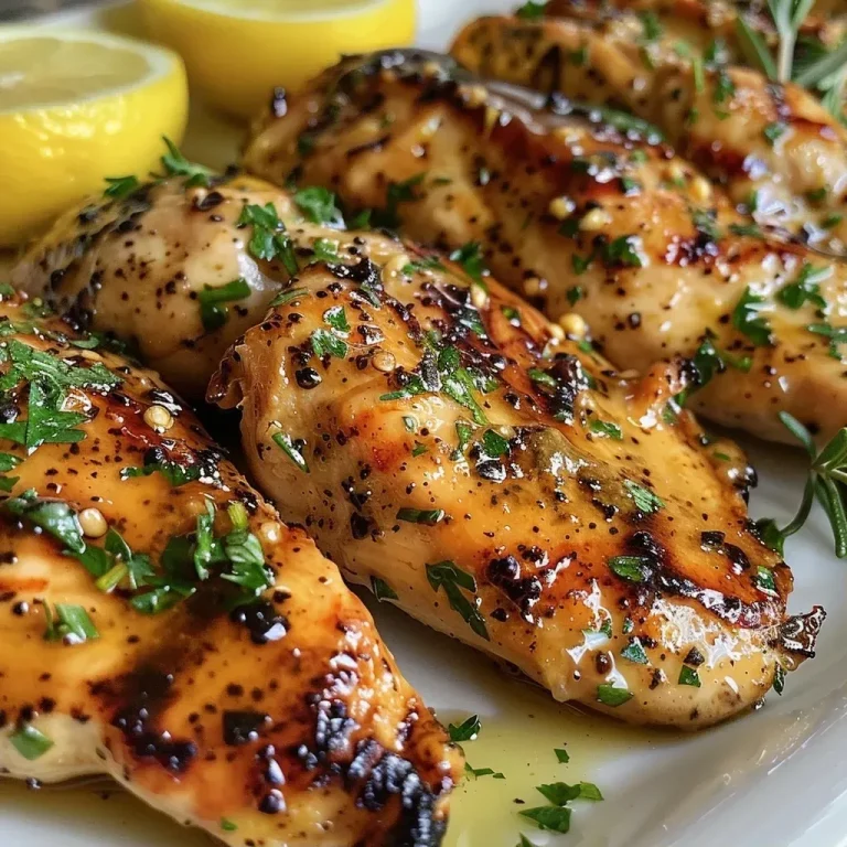 ['Close-up view of grilled honey mustard chicken garnished with parsley and lemon slices.', 'Juicy grilled chicken tenderloins coated in honey mustard sauce with rosemary and lemon.', 'Side view of succulent grilled honey mustard chicken served with fresh herbs and lemon.', 'Tasty grilled chicken highlighted by its honey mustard glaze, garnished with parsley and lemon slices.']