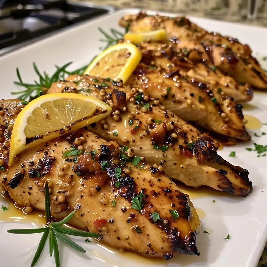 ['Close-up view of grilled honey mustard chicken garnished with parsley and lemon slices.', 'Juicy grilled chicken tenderloins coated in honey mustard sauce with rosemary and lemon.', 'Side view of succulent grilled honey mustard chicken served with fresh herbs and lemon.', 'Tasty grilled chicken highlighted by its honey mustard glaze, garnished with parsley and lemon slices.']