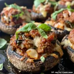 Juicy grilled Portobello mushrooms stuffed with sausage and spinach.