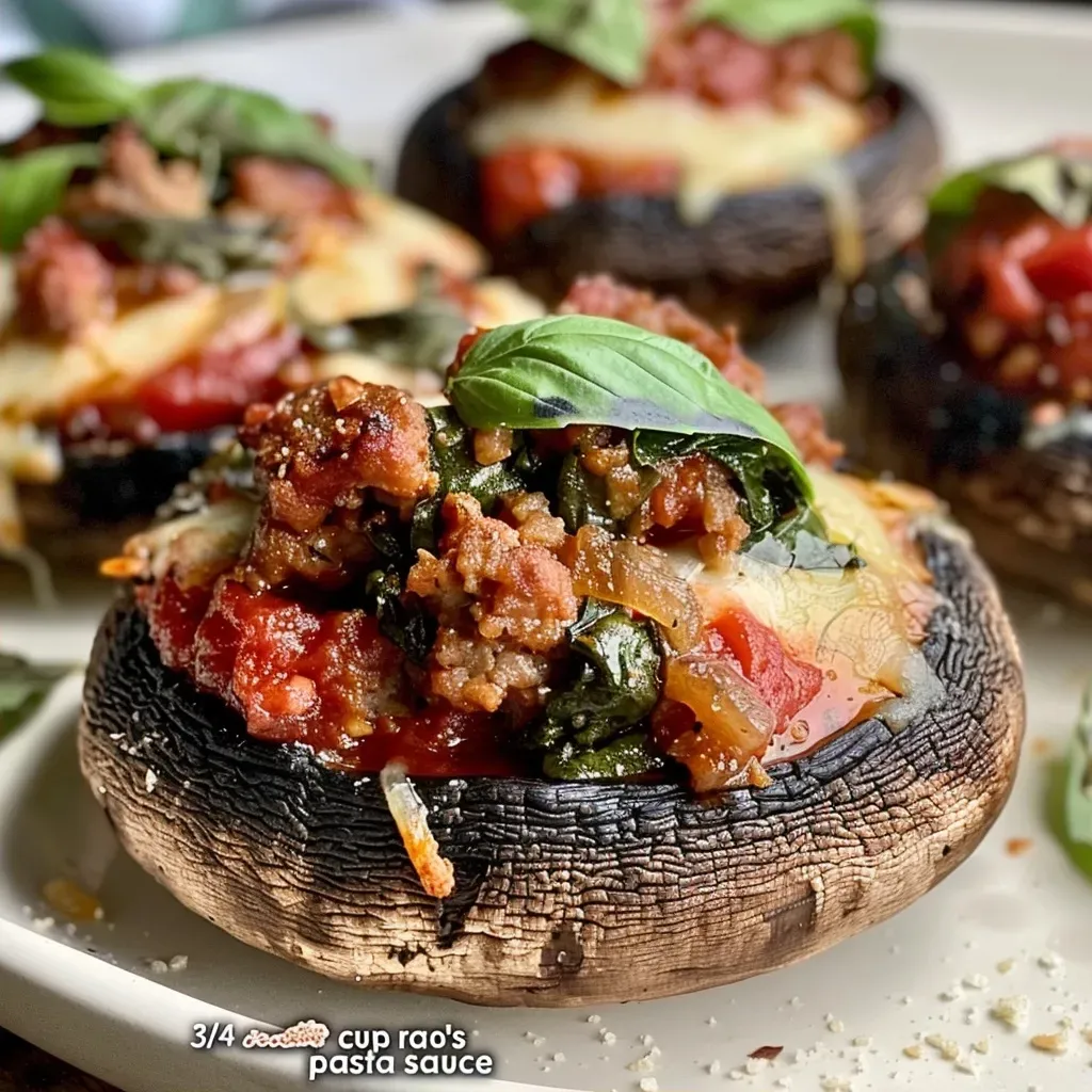 Close-up view of stuffed Portobello mushrooms topped with melted cheese.