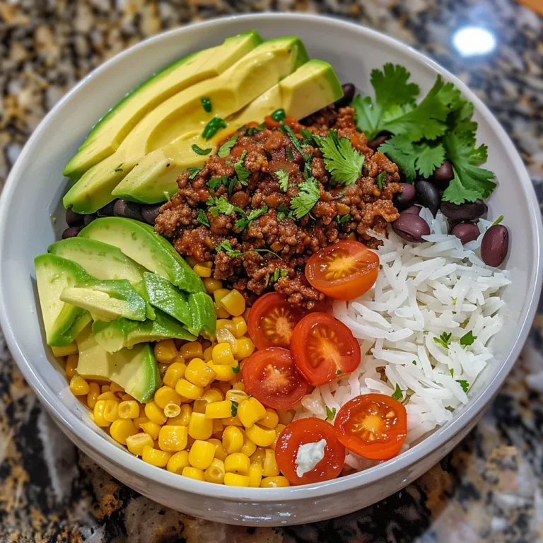 A Flavorful Ground Beef Taco Rice Bowl for Cozy Nights Close-up view of a Ground Beef Taco Rice Bowl with vibrant toppings.