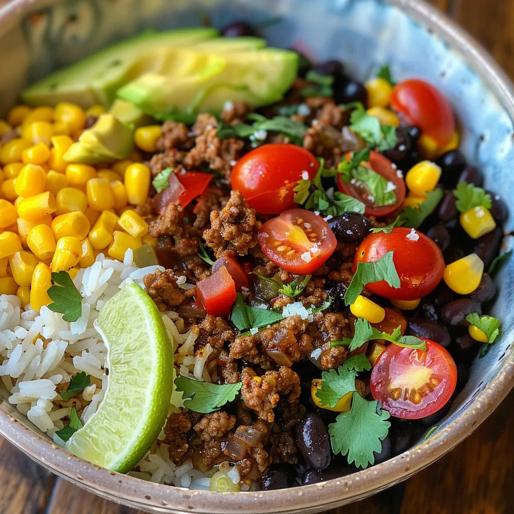 Side view of a colorful Ground Beef Taco Rice Bowl featuring sliced avocado and fresh cilantro.