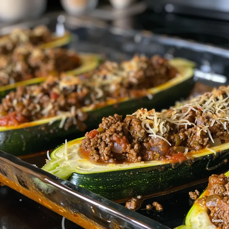 Juicy ground beef stuffed into halved zucchinis, topped with melted cheese.