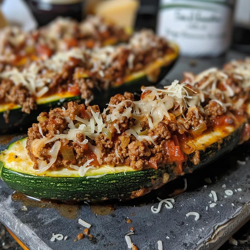 Close-up of zucchini boats filled with seasoned ground beef and garnished with cheese.