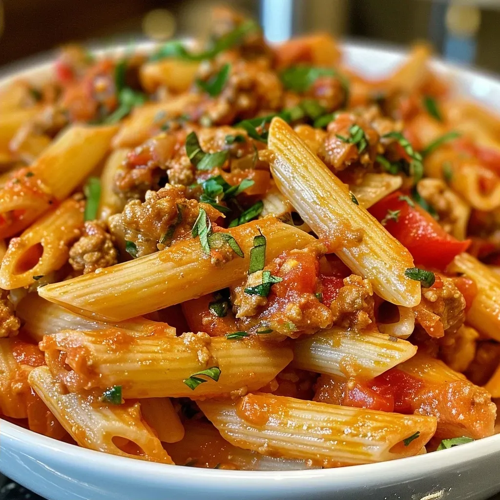 ['Close-up view of a savory ground turkey pasta dish with melted cheese and vegetables.', 'Juicy ground turkey pasta served in a bowl, showcasing colorful mixed vegetables and creamy sauce.', 'Side view of a delicious penne pasta dish featuring ground turkey, cheese, and a rich tomato sauce.', 'Appetizing ground turkey pasta topped with shredded cheese and mixed veggies, presented in a modern dish.']