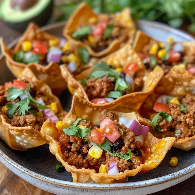 ['Close-up view of Ground Turkey Taco Bites in wonton wrappers, garnished with fresh toppings.', 'Juicy Ground Turkey Taco Bites with a side view, showcasing melted cheese and colorful ingredients.', 'Appetizing Ground Turkey Taco Bites arranged on a plate, highlighting the texture of the wrappers.', 'Close-up of savory Ground Turkey Taco Bites filled with turkey, beans, and corn, topped with diced tomatoes.']