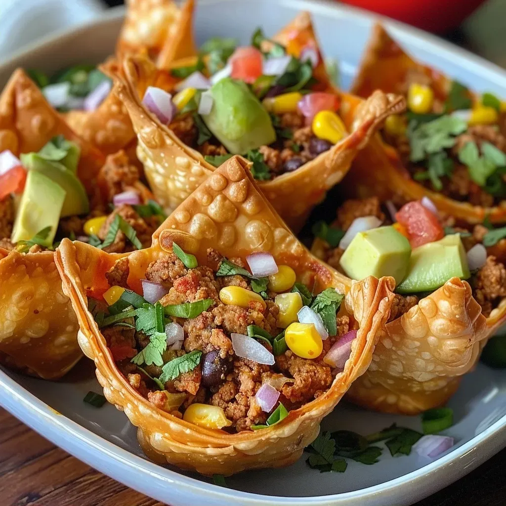 ['Close-up view of Ground Turkey Taco Bites in wonton wrappers, garnished with fresh toppings.', 'Juicy Ground Turkey Taco Bites with a side view, showcasing melted cheese and colorful ingredients.', 'Appetizing Ground Turkey Taco Bites arranged on a plate, highlighting the texture of the wrappers.', 'Close-up of savory Ground Turkey Taco Bites filled with turkey, beans, and corn, topped with diced tomatoes.']