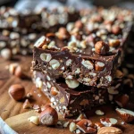 ['Close-up view of a hazelnut chocolate protein bar with a textured surface.', 'Side view of a rich hazelnut chocolate protein bar showcasing its layers.', 'Juicy hazelnut chocolate protein bar with visible chocolate chunks and nuts.', 'A delicious looking hazelnut chocolate protein bar on a wooden surface.']