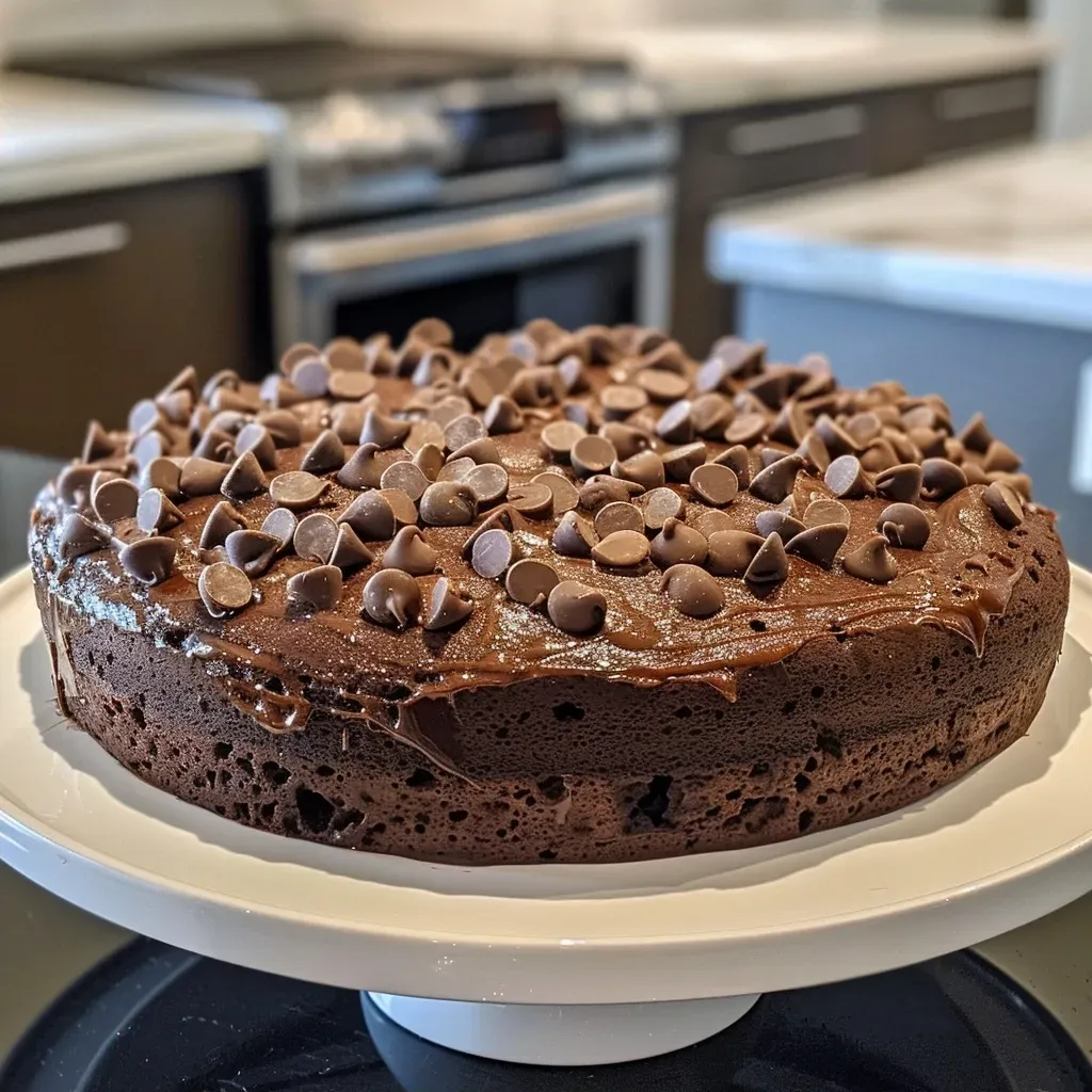 ['Close-up side view of a healthier chocolate cake topped with mini chocolate chips.', 'A moist chocolate cake slice showcasing a rich texture and chocolate topping.', 'Side view of a delicious chocolate cake with a glossy finish and chocolate chips.', 'Juicy slice of chocolate cake highlighting its chocolatey layers and healthy ingredients.']