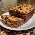 A side view of a loaf of healthier chocolate chip banana bread with visible chocolate chips.