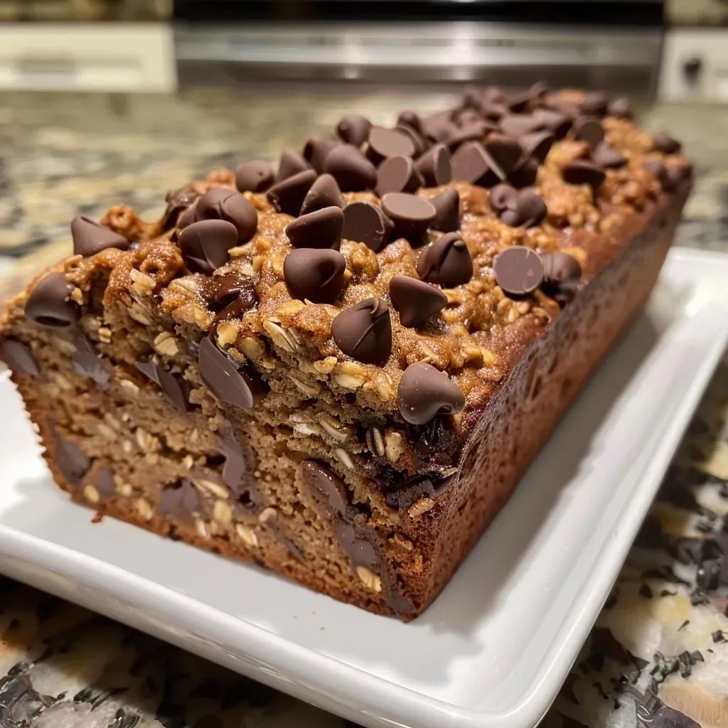 Close-up of a slice of banana bread, showing chocolate chips and a moist texture.