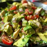 Close-up view of a vibrant avocado chicken salad with diced chicken, cherry tomatoes, and avocados.