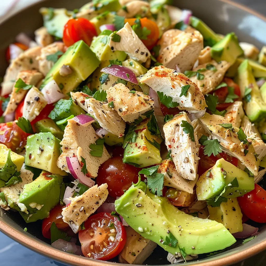 Side view of a colorful healthy chicken salad featuring ripe avocados and fresh vegetables.