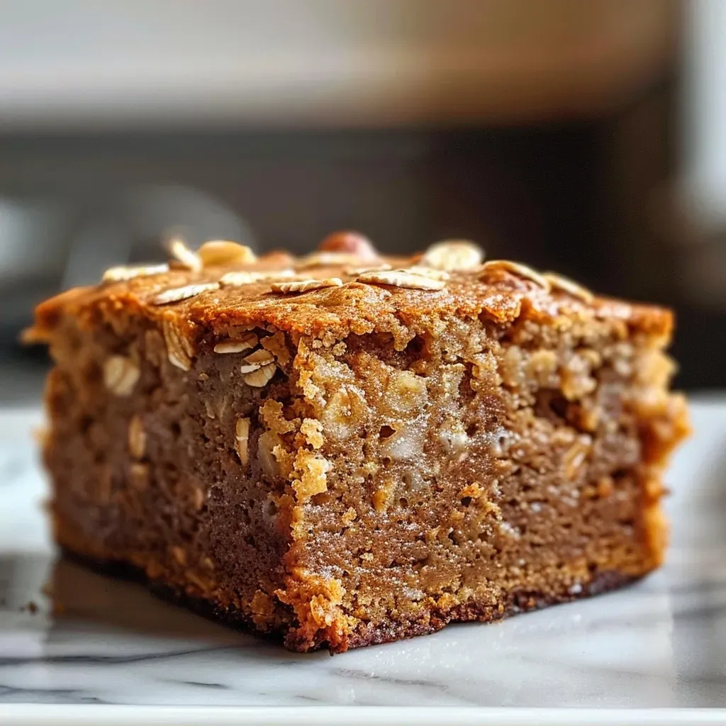 Close-up side view of a slice of Healthy Banana Oatmeal Snack Cake on a plate.