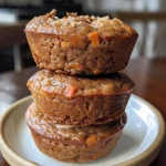 ['Close-up view of healthy carrot cake protein muffins, showcasing a moist texture.', 'Side view of freshly baked carrot cake muffins with visible carrot bits and a golden-brown top.', 'Juicy carrot cake muffins stacked, highlighting the fluffy interior and rich color.', 'Inviting plate of carrot cake protein muffins with a rustic wooden background.']