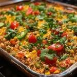 ['A close-up side view of a healthy chicken taco rice casserole with colorful ingredients.', 'Juicy chicken taco rice casserole displayed in a dish, showcasing fresh vegetables and rice.', 'Appetizing healthy casserole featuring ground chicken, rice, and vibrant toppings.', 'Side view of a delicious chicken taco rice casserole, highlighting its texture and colors.']