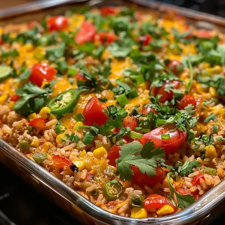 ['A close-up side view of a healthy chicken taco rice casserole with colorful ingredients.', 'Juicy chicken taco rice casserole displayed in a dish, showcasing fresh vegetables and rice.', 'Appetizing healthy casserole featuring ground chicken, rice, and vibrant toppings.', 'Side view of a delicious chicken taco rice casserole, highlighting its texture and colors.']