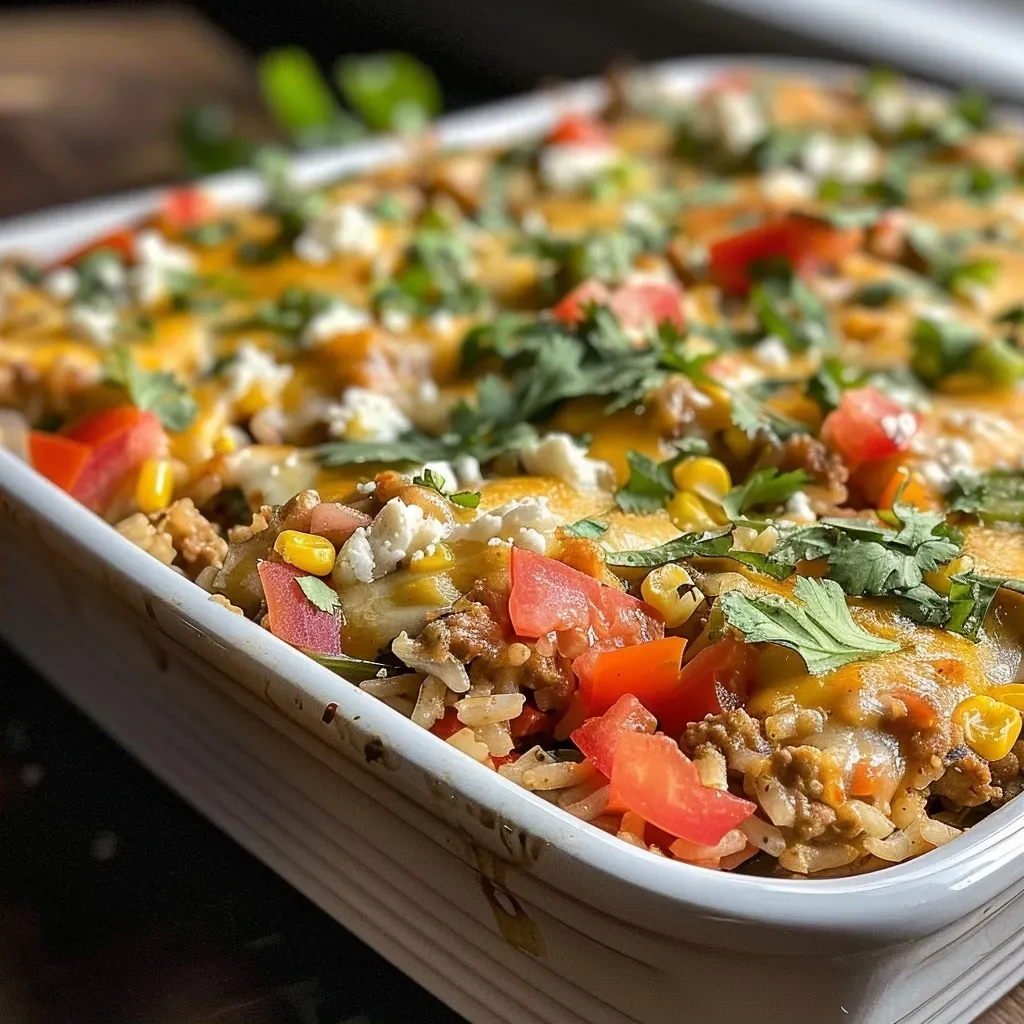 ['A close-up side view of a healthy chicken taco rice casserole with colorful ingredients.', 'Juicy chicken taco rice casserole displayed in a dish, showcasing fresh vegetables and rice.', 'Appetizing healthy casserole featuring ground chicken, rice, and vibrant toppings.', 'Side view of a delicious chicken taco rice casserole, highlighting its texture and colors.']