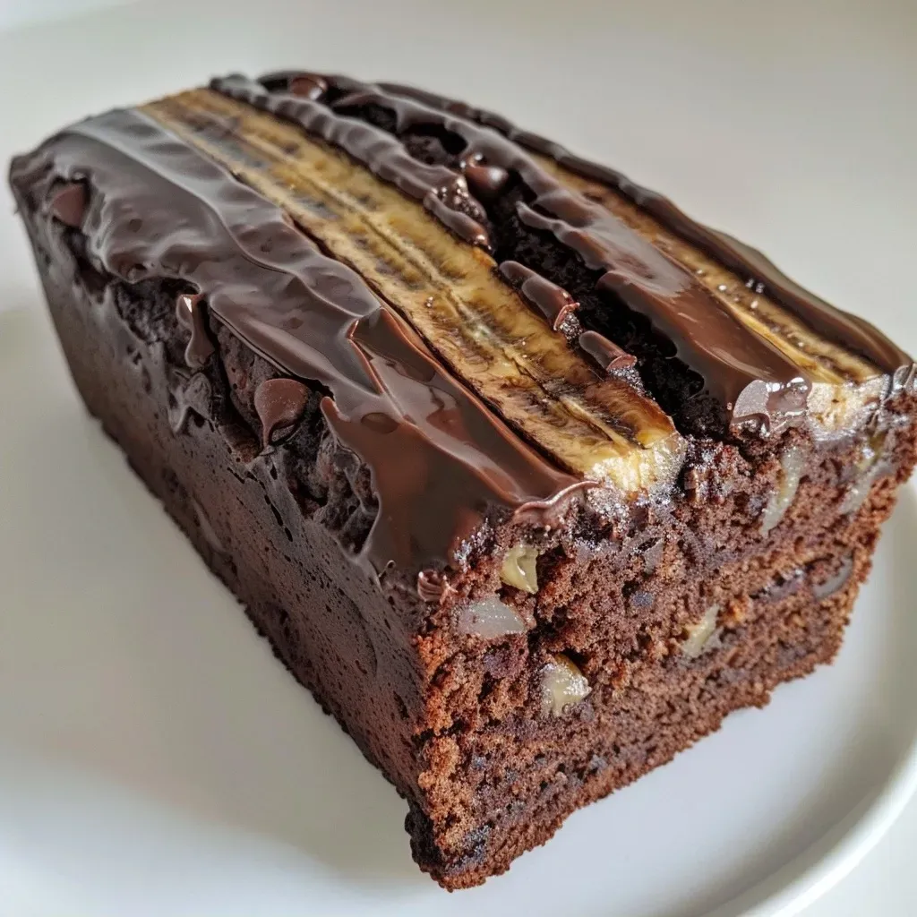 ['Close-up side view of a Healthy Chocolate Banana Loaf Cake with visible chocolate chips.', 'Sliced Healthy Chocolate Banana Loaf Cake, showcasing a moist texture and rich chocolate color.', 'Healthy Chocolate Banana Loaf Cake with a glossy surface and chunks of chocolate, presented on a plate.', 'A beautifully baked Healthy Chocolate Banana Loaf Cake with a golden-brown crust and dark chocolate highlights.']